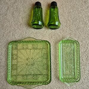 Jeanette Doric Green Uranium Glass Relish Tray Set 1930s And Shaker Set